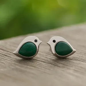 Sterling Silver Malachite Gemstone Birdie Studs