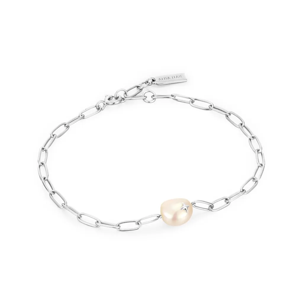 Sterling Silver Paperclip Chain Pearl Sparkle Bracelet by Ania Haie