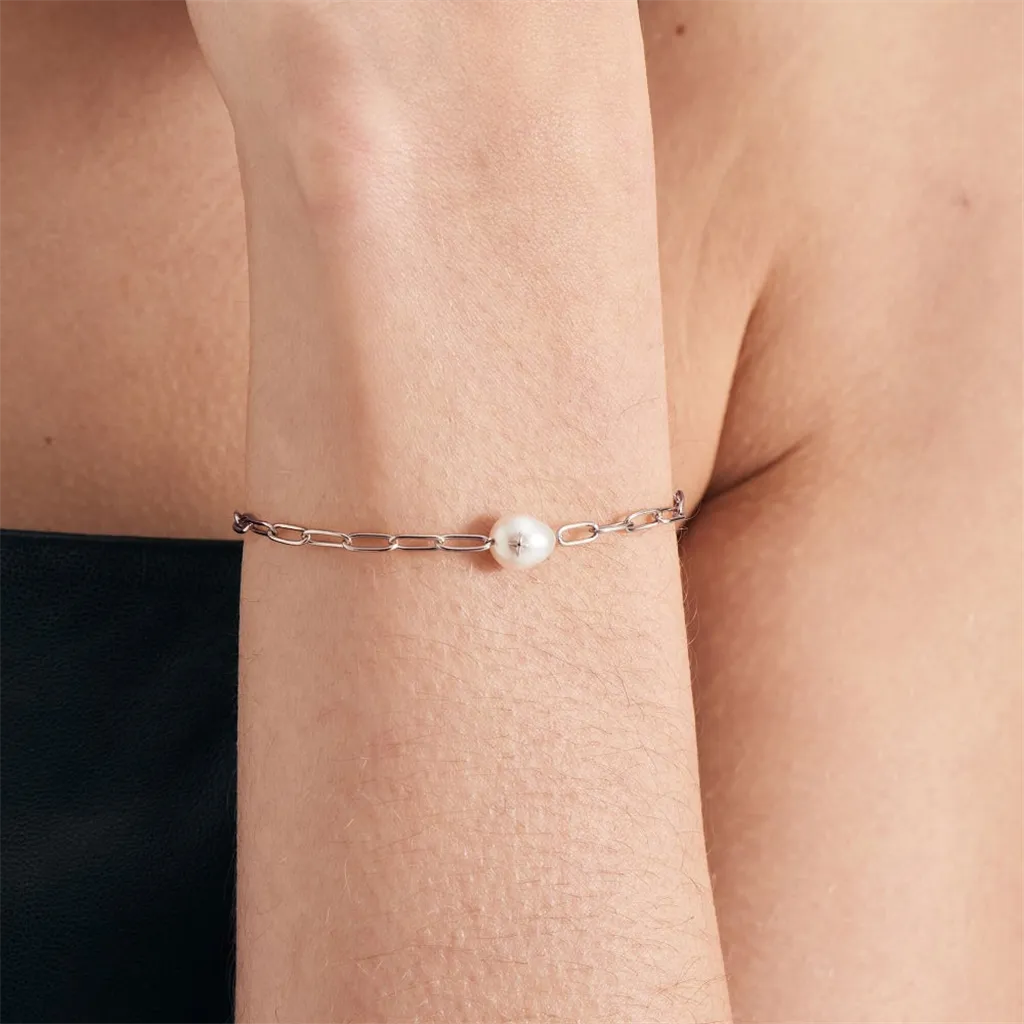 Sterling Silver Paperclip Chain Pearl Sparkle Bracelet by Ania Haie