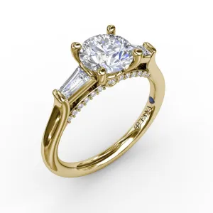 Three-Stone Round Diamond Engagement Ring With Bezel-Set Baguettes