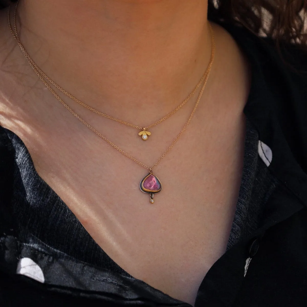 Tiny Gold Leaf Trio Necklace with Diamond