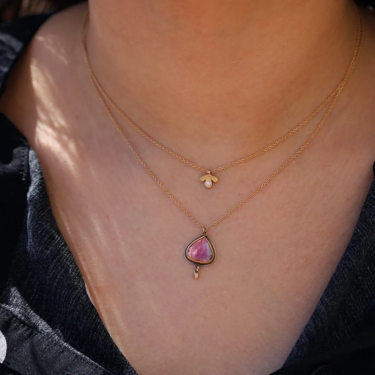 Tiny Gold Leaf Trio Necklace with Diamond