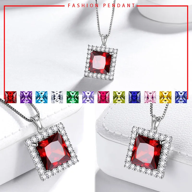 Tokyo Mart Square Birthstone January Garnet Necklace Pendant Women Girls Jewelry Birthday Gifts Sterling Silver