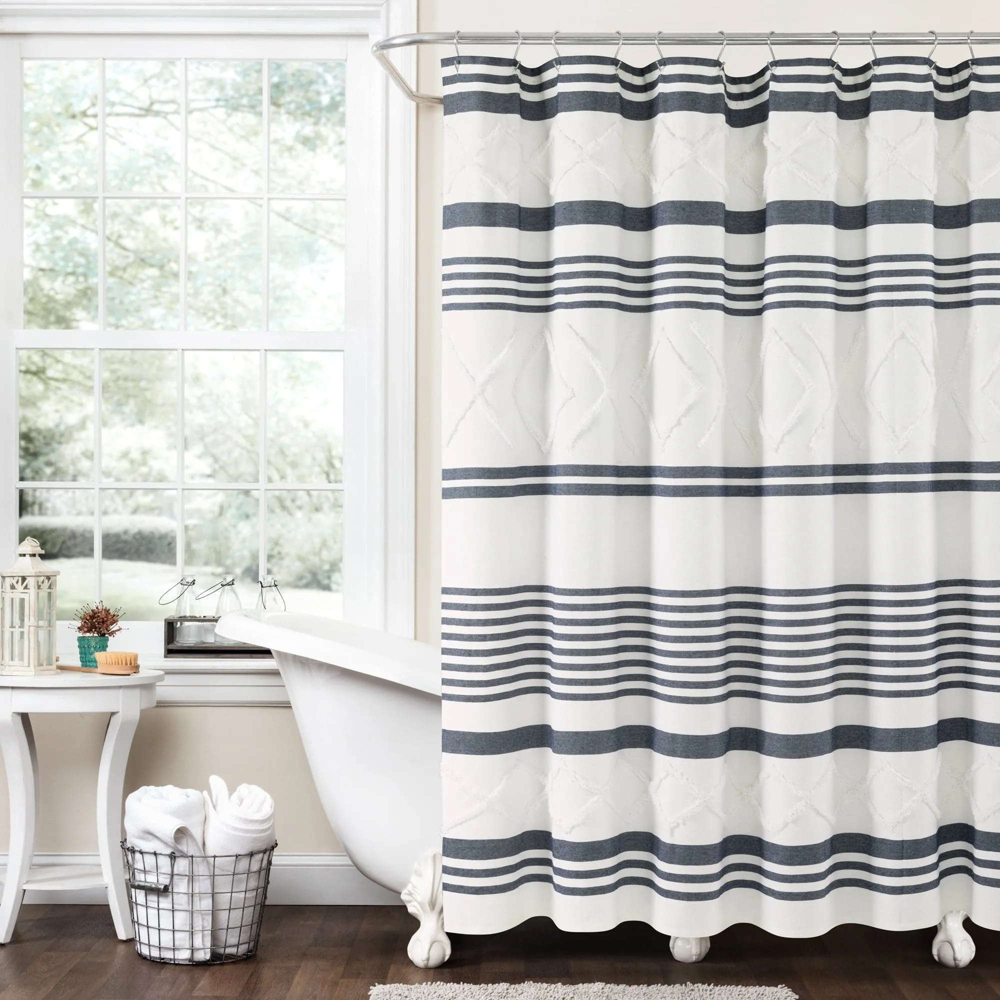 Urban Diamond Stripe Woven Tufted Recycled Cotton Shower Curtain