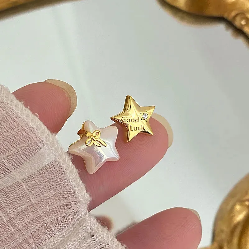 VAIGE Creative Asymmetric Shell Star Stud Earrings in 925 Sterling Silver with Pearl and Light Luxury Bow Design