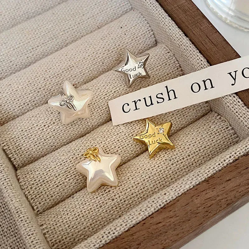 VAIGE Creative Asymmetric Shell Star Stud Earrings in 925 Sterling Silver with Pearl and Light Luxury Bow Design