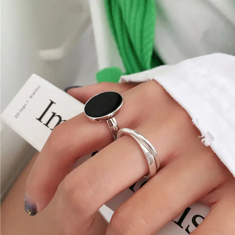 VAIGE Elegant Silver Cross Black Onyx Oval Ring