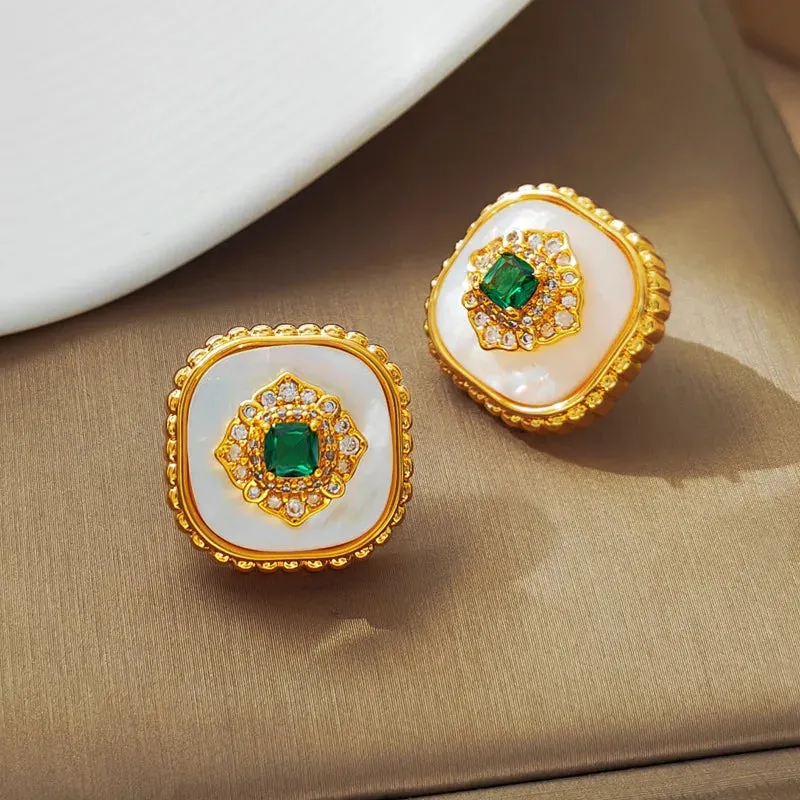 VAIGE Elegant Vintage Green Zircon Gold Earrings in Sterling Silver - Square Circle Design