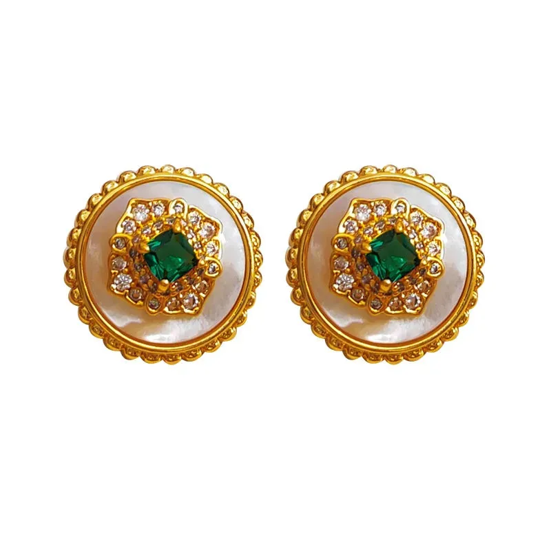 VAIGE Elegant Vintage Green Zircon Gold Earrings in Sterling Silver - Square Circle Design