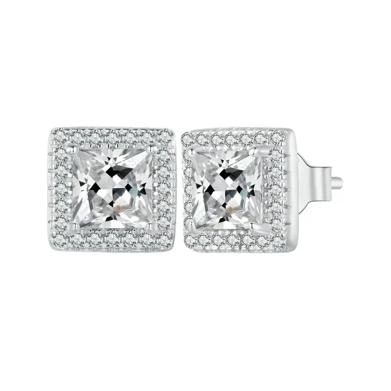 VAIGE Platinum Plated Halo CZ Stud Earrings in 925 Sterling Silver - Classic Elegant Design with Push Back Closure, Gift Box Included, BSE893