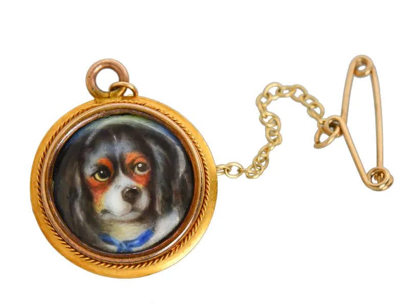 Very Fine Enamel Spaniel Dog Brooch Pendant