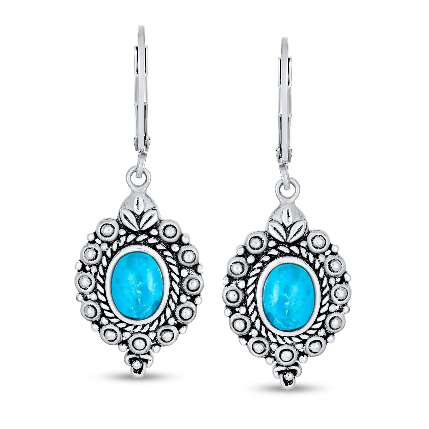 Western Style Oval Filigree Dangle Gemstone Earrings Blue Turquoise Sterling Silver