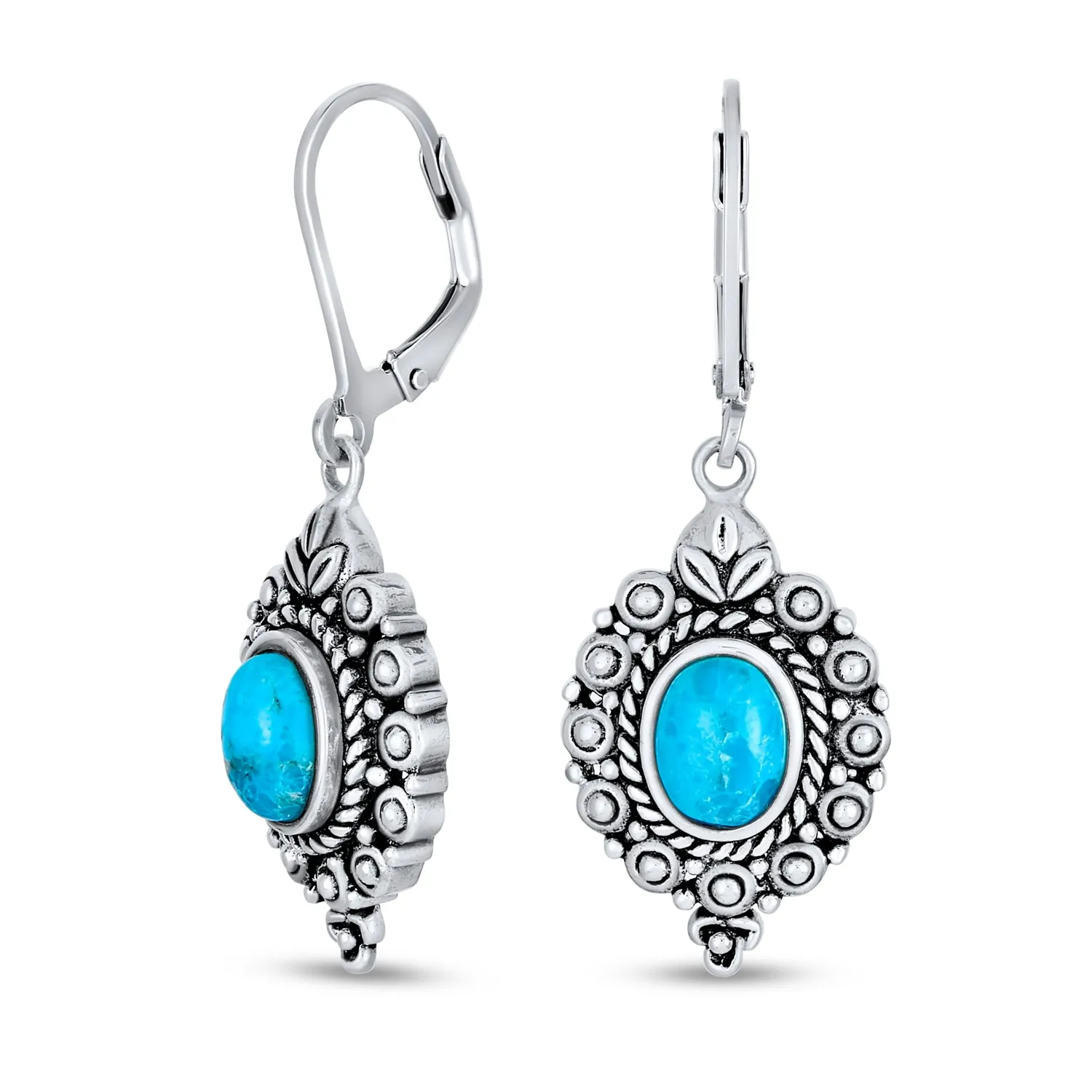 Western Style Oval Filigree Dangle Gemstone Earrings Blue Turquoise Sterling Silver