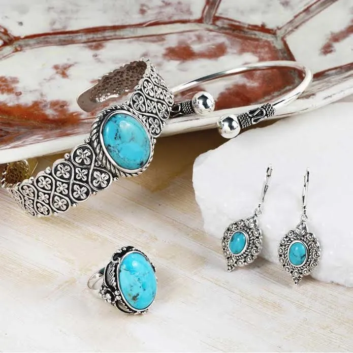 Western Style Oval Filigree Dangle Gemstone Earrings Blue Turquoise Sterling Silver