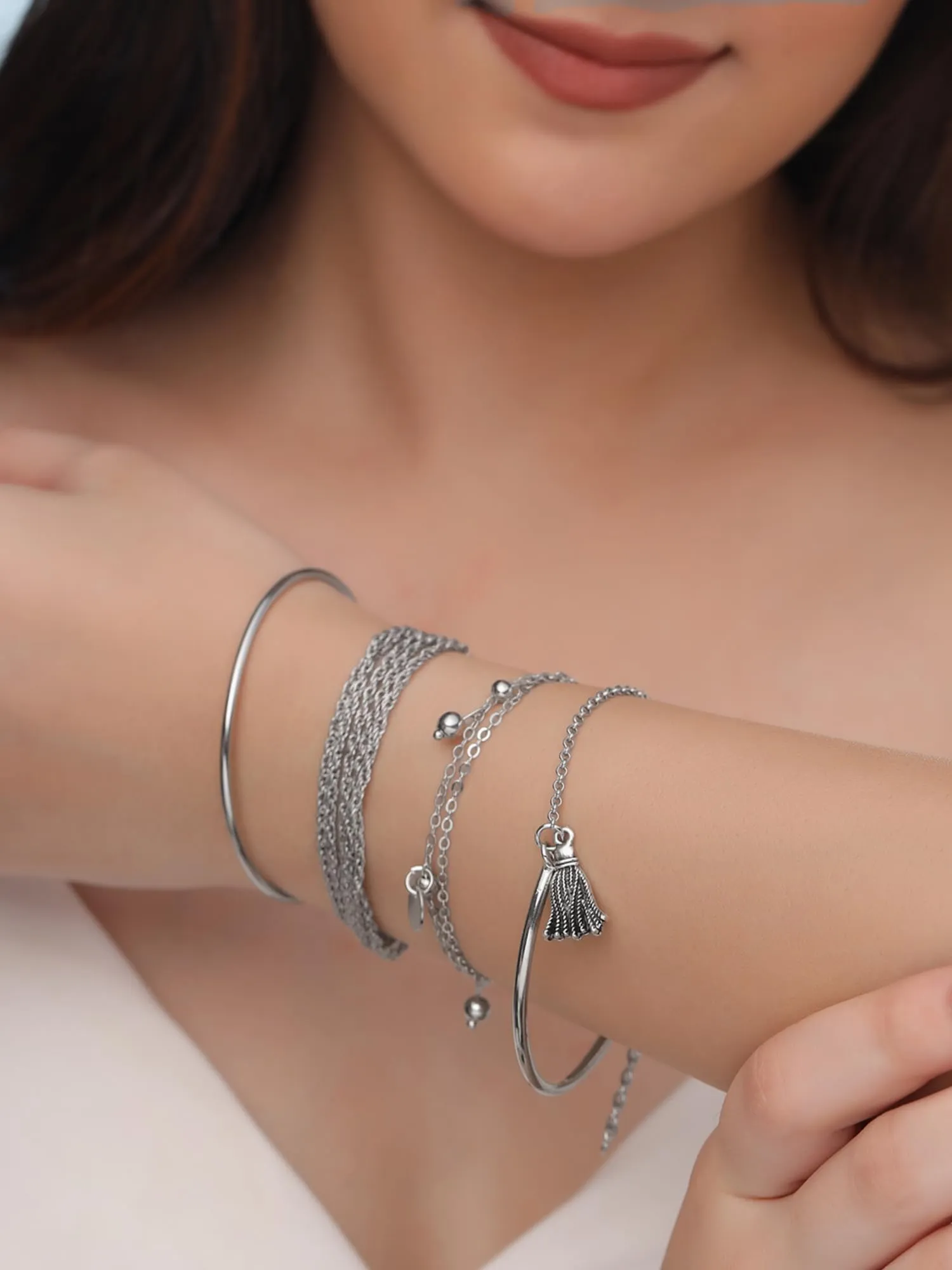 Yellow Chimes Combo Bracelet For Woman | Fashion Silver 4Pcs Bracelet Set For Women Hand Accessories For Women | Layered Stack Bracelets for Girls | Birthday Gift for Women Anniversary Gift for Wife